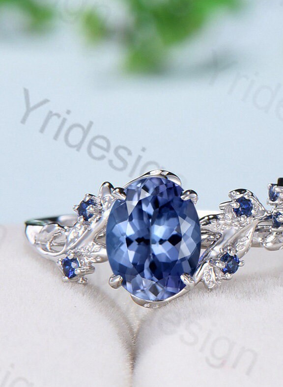 Vintage tanzanite wedding ring set Leaf twig engagement ring set