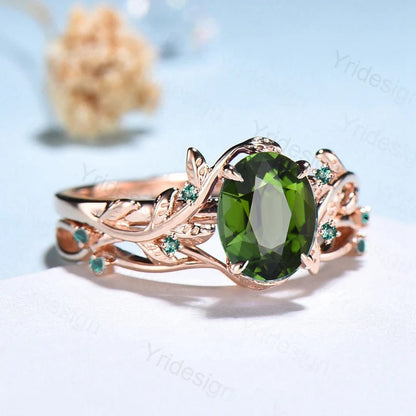Natural Inspired green tourmaline ring set cluster emerald tourmaline engagement ring women unique green stone wedding ring set for her - PENFINE