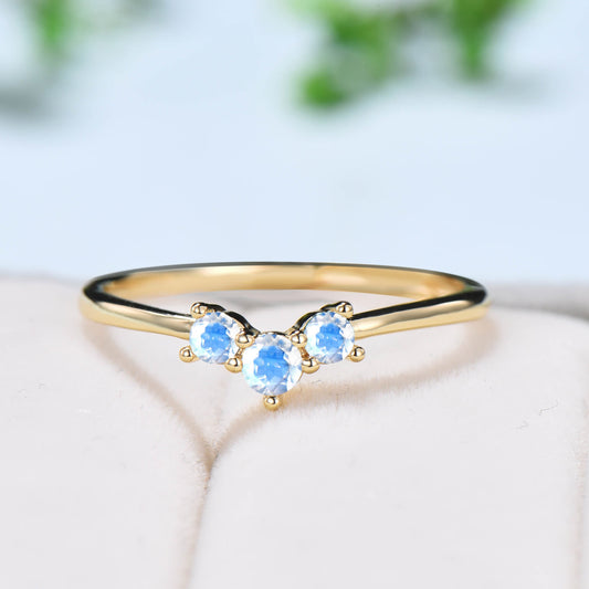 Natural moonstone wedding ring Minimalist rainbow blue engagement ring dainty stacking matching band Bridal Promise ring Anniversary gift - PENFINE
