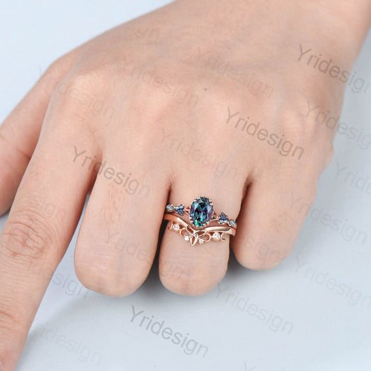 Unique oval alexandrite engagement ring set Cluster triangle color changing bridal set rose gold vintage moissanite wedding ring set women - PENFINE