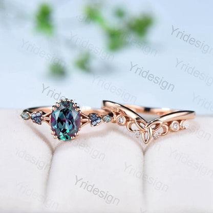Unique oval alexandrite engagement ring set Cluster triangle color changing bridal set rose gold vintage moissanite wedding ring set women - PENFINE