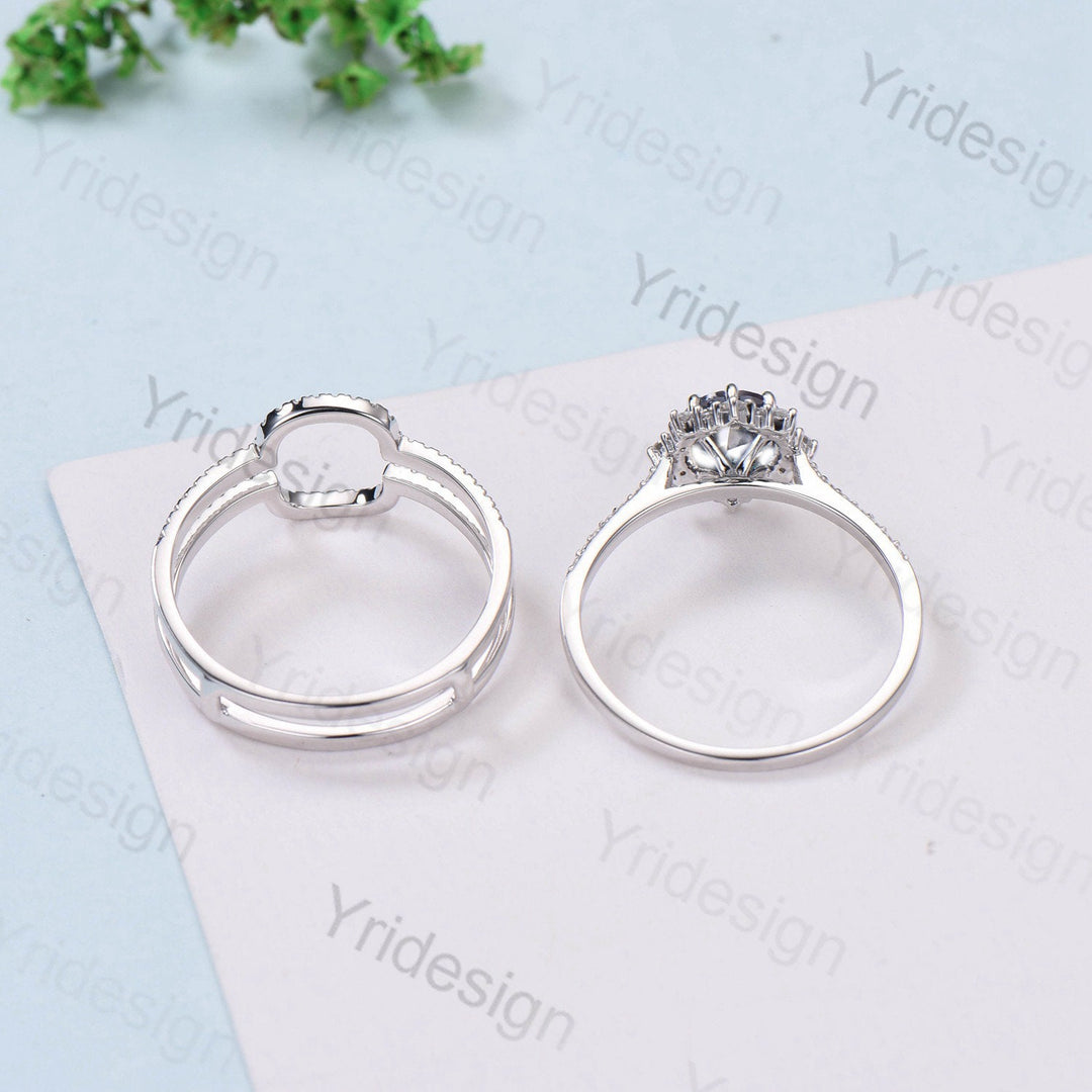 Double Halo Moissanite Engagement  Ring Set Vintage Unique Moissanite Wedding Ring Set Solid White Gold Diamond Band For Women Bridal Set - PENFINE