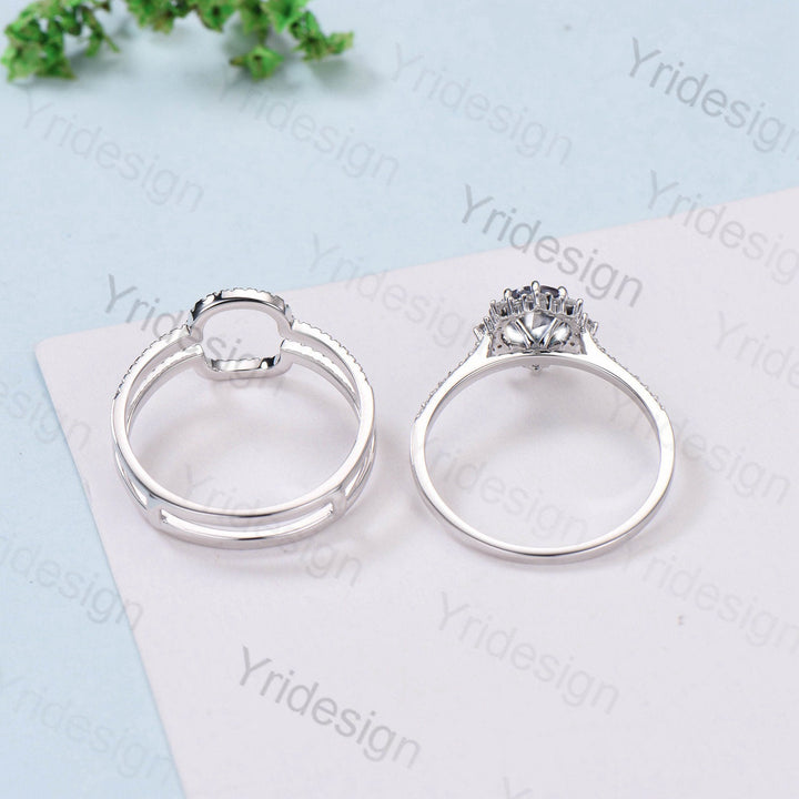 Double Halo Moissanite Engagement  Ring Set Vintage Unique Moissanite Wedding Ring Set Solid White Gold Diamond Band For Women Bridal Set - PENFINE