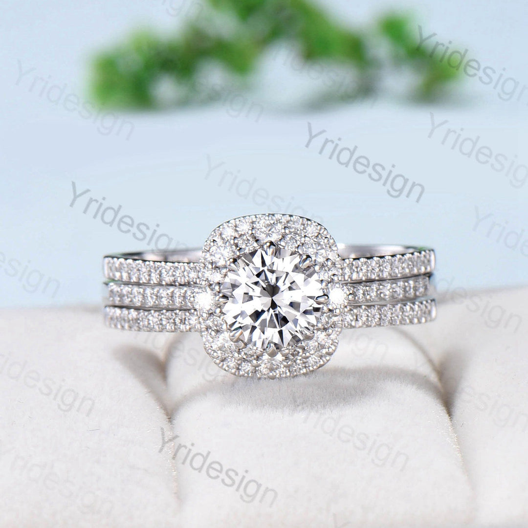 Double Halo Moissanite Engagement  Ring Set Vintage Unique Moissanite Wedding Ring Set Solid White Gold Diamond Band For Women Bridal Set - PENFINE