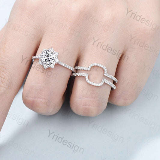 Double Halo Moissanite Engagement Ring Set Vintage Unique Moissanite Wedding Ring Set Solid White Gold Diamond Band For Women Bridal Set - PENFINE