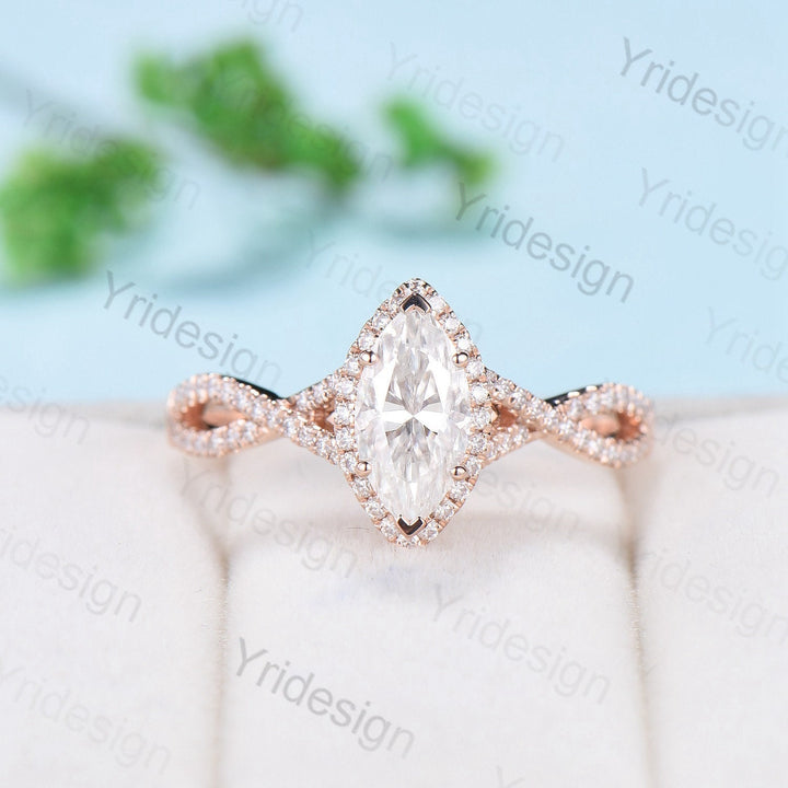 Vintage Marquise Cut Moissanite engagement ring rose gold Unique Infinity forever Basket moissanite wedding ring women art deco bridal ring - PENFINE