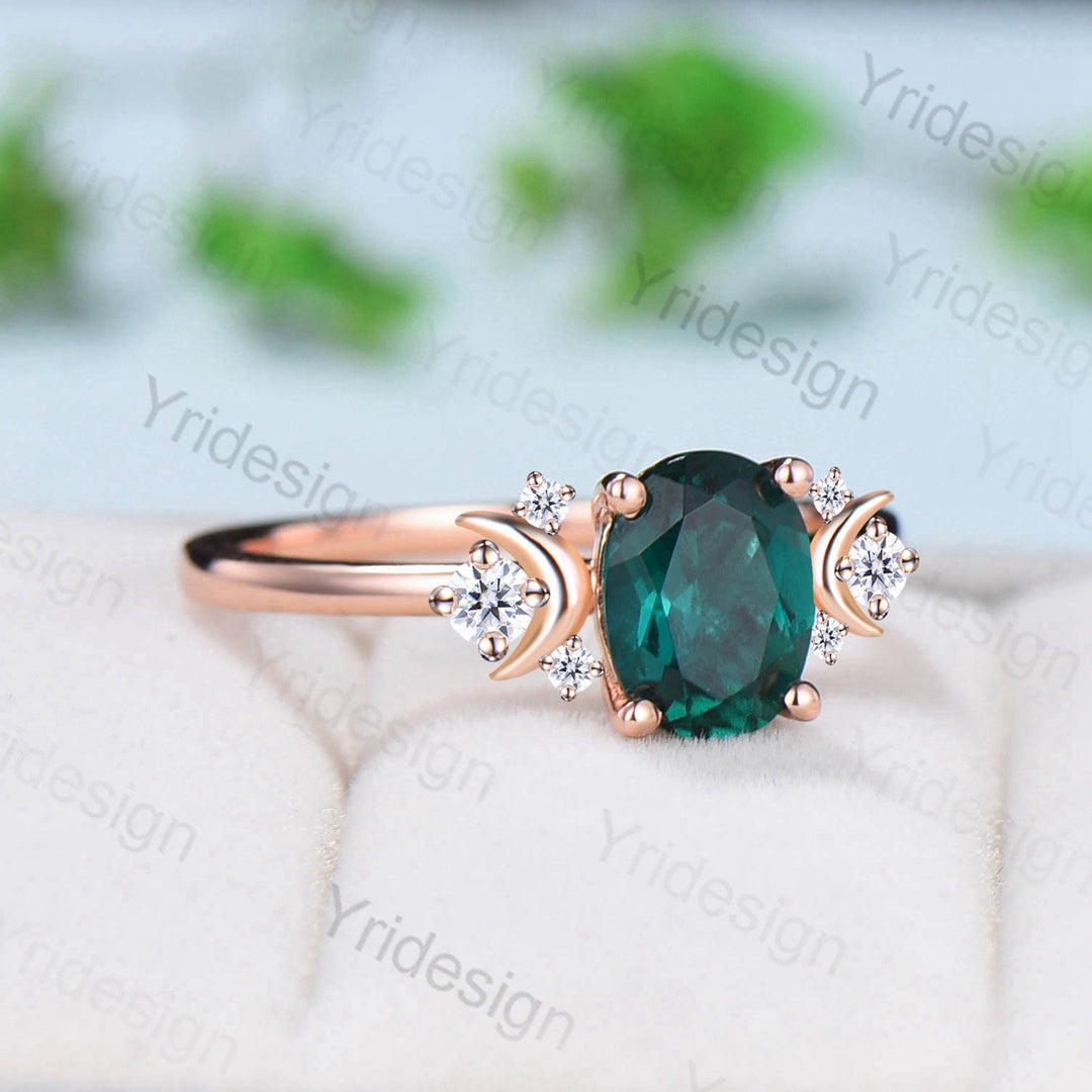 Vintage Emerald Engagement Ring Unique Nature Inspired Moon Green Crystal Ring Unique Alternative May birthstone Wedding Ring For Women - PENFINE