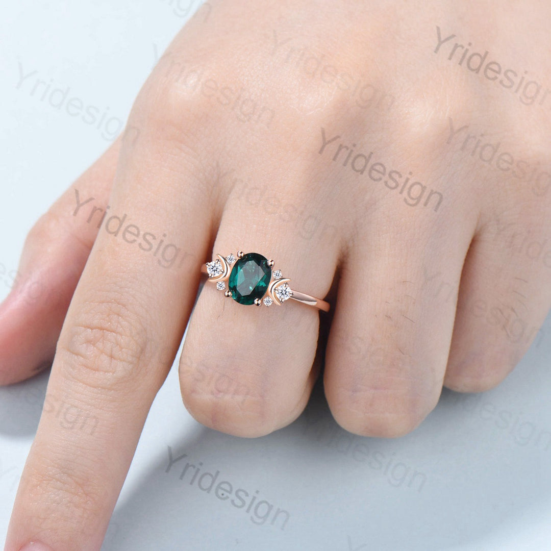 Vintage Emerald Engagement Ring Unique Nature Inspired Moon Green Crystal Ring Unique Alternative May birthstone Wedding Ring For Women - PENFINE