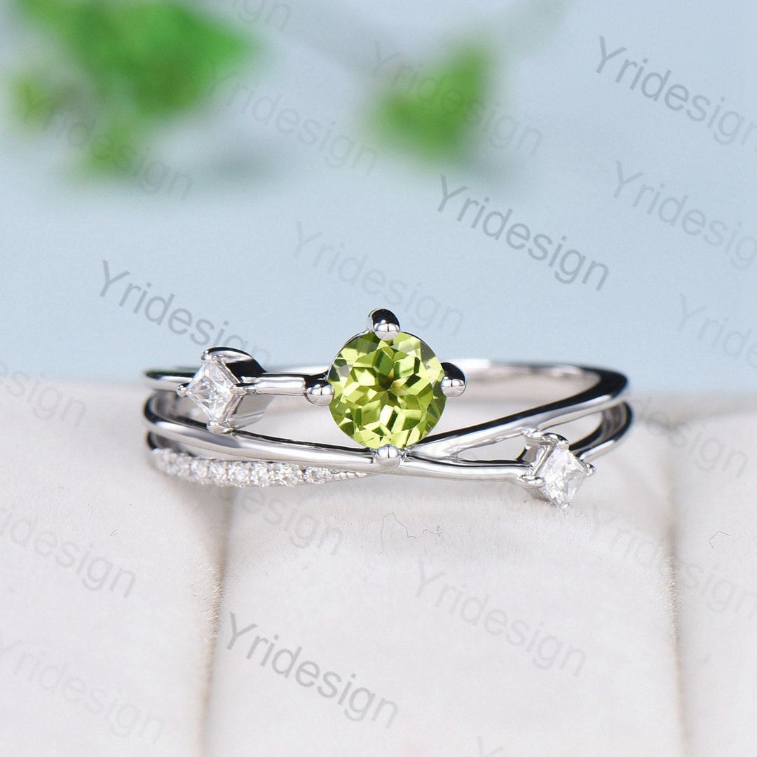 5mm Vintage peridot engagement ring Twisted green peridot gold wedding ring women Unique moissanite bridal ring split shank forever ring - PENFINE