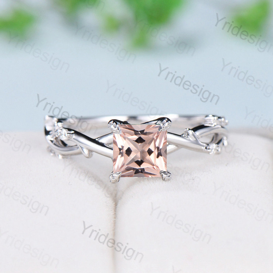 2CT Princess Cut Pink Morganite Ring Twig Branch Rose Gold Morganite Engagement Ring Vintage Unique Leaves Natural Inspired Wedding Ring - PENFINE