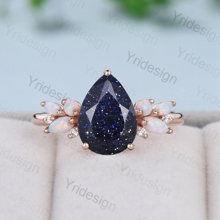 Vintage Blue Sandstone Opal Engagement Ring Unique Pear Shaped Galaxy Star Engagement Ring Rose Gold Cluster Opal Promise Ring For Women - PENFINE