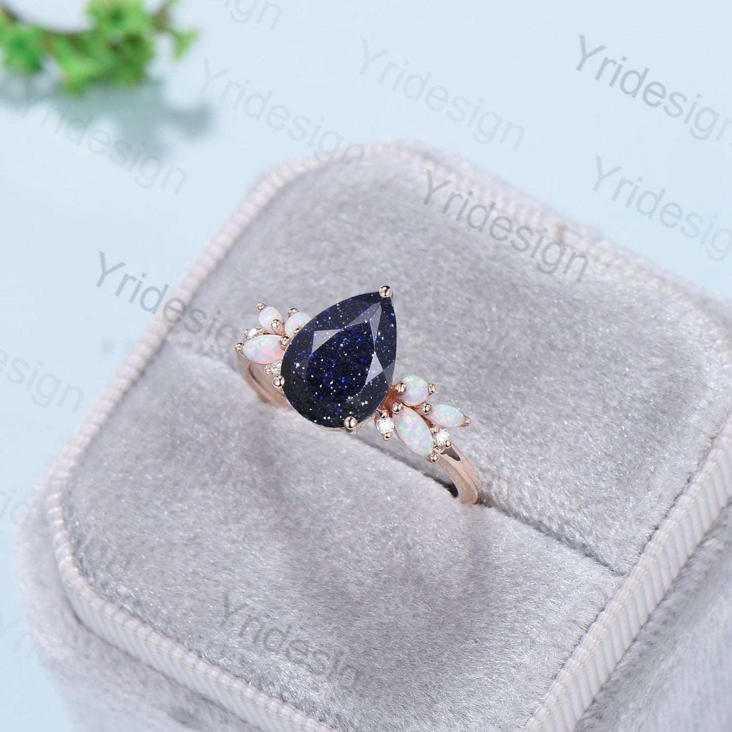 Vintage Blue Sandstone Opal Engagement Ring Unique Pear Shaped Galaxy Star Engagement Ring Rose Gold Cluster Opal Promise Ring For Women - PENFINE