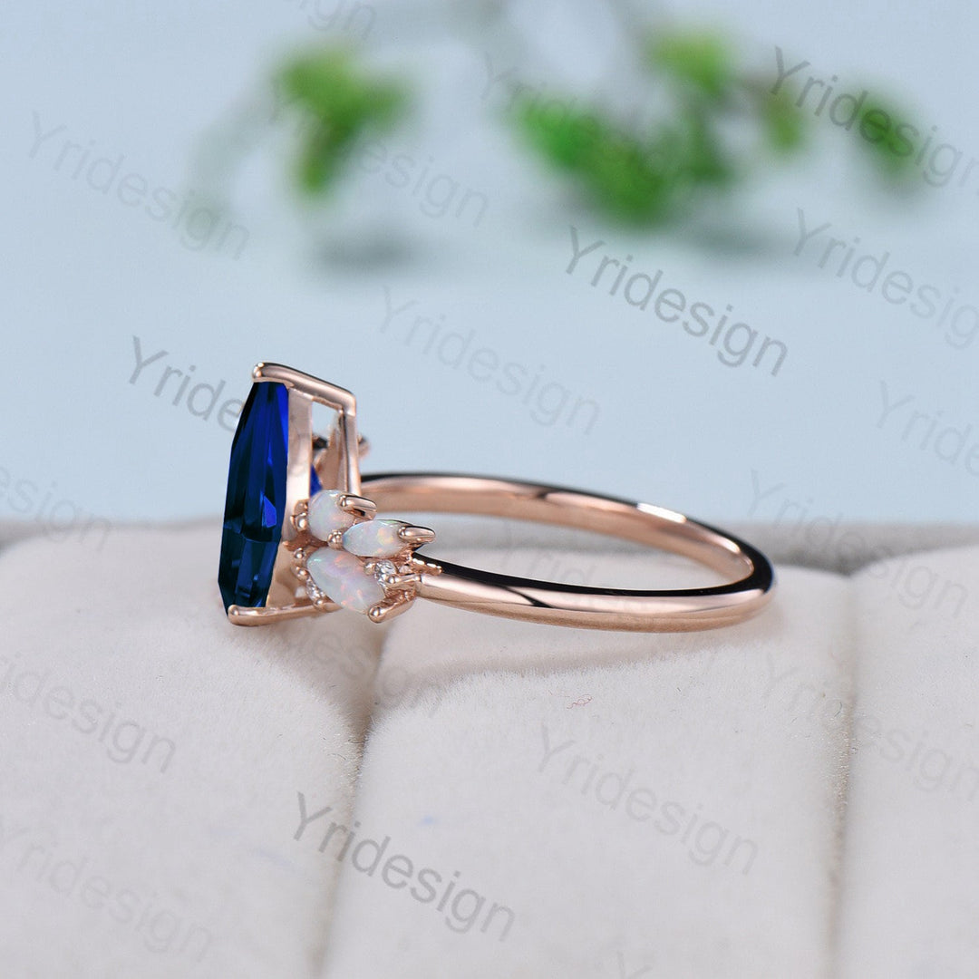 Vintage Blue Sapphire Engagement Ring Unique Teardrop Bee Lab Dark Sapphire Wedding Ring Women  Rose Gold Art Deco Cluster Opal Promise Ring - PENFINE