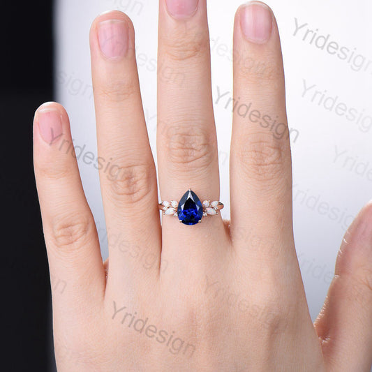 Vintage Blue Sapphire Engagement Ring Unique Teardrop Bee Lab Dark Sapphire Wedding Ring Women Rose Gold Art Deco Cluster Opal Promise Ring - PENFINE