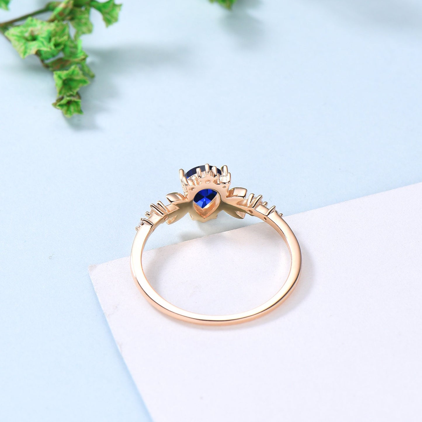 Vintage Sapphire Ring For Women Pear Shaped Moon Engagement Ring Unique Crescent moon opal wedding ring celestial anniversary Christmas Gift - PENFINE