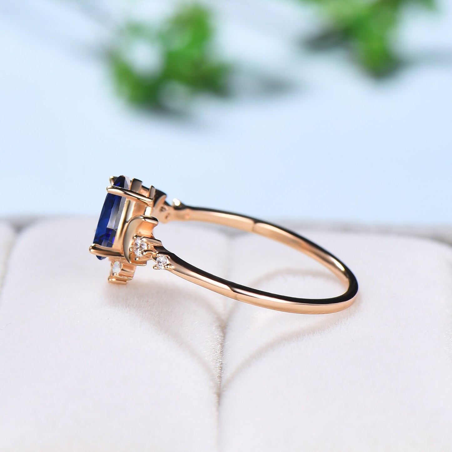 Vintage Sapphire Ring For Women Pear Shaped Moon Engagement Ring Unique Crescent moon opal wedding ring celestial anniversary Christmas Gift - PENFINE