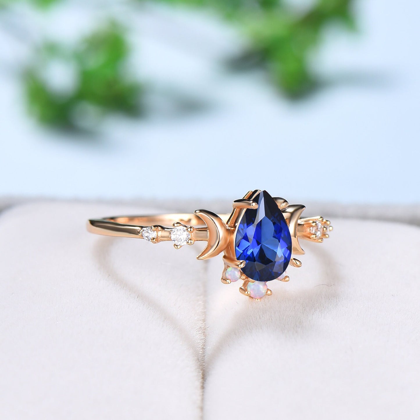 Vintage Sapphire Ring For Women Pear Shaped Moon Engagement Ring Unique Crescent moon opal wedding ring celestial anniversary Christmas Gift - PENFINE