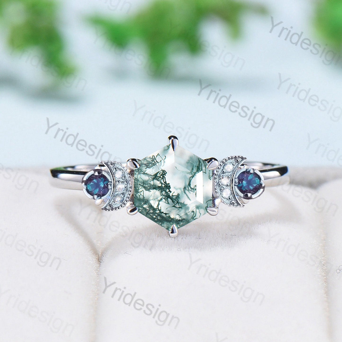 Unique hexagon moss agate engagement ring Magic celestial moon alexandrite wedding ring vintage crescent anniversary ring gift for women - PENFINE
