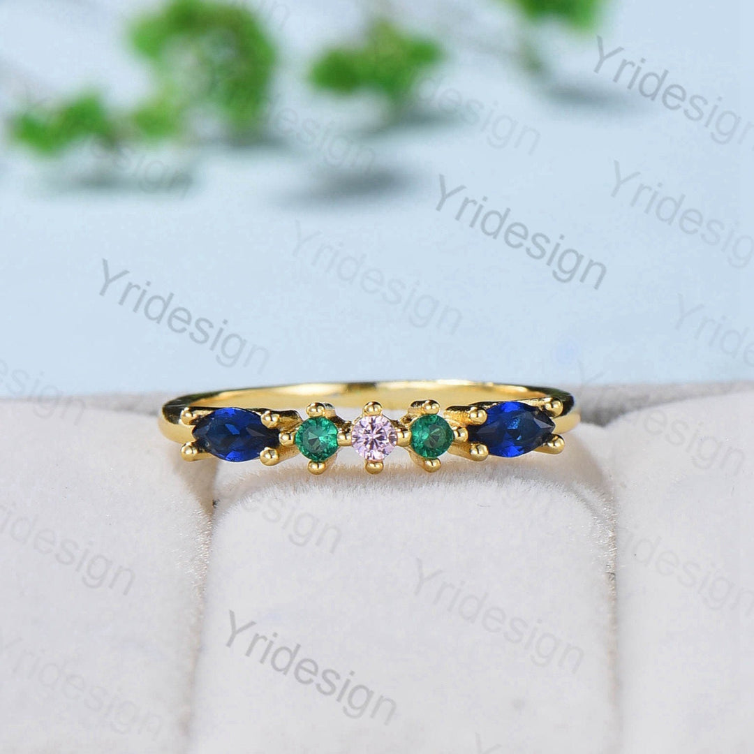 Colorful Gemstone Wedding Band Women Vintage Sapphire Stacking Ring Solid Gold Emerald fiance Wedding Ring Promise Ring Christmas Gift - PENFINE