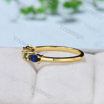 Colorful Gemstone Wedding Band Women Vintage Sapphire Stacking Ring Solid Gold Emerald fiance Wedding Ring Promise Ring Christmas Gift - PENFINE