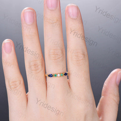 Colorful Gemstone Wedding Band Women Vintage Sapphire Stacking Ring Solid Gold Emerald fiance Wedding Ring Promise Ring Christmas Gift - PENFINE
