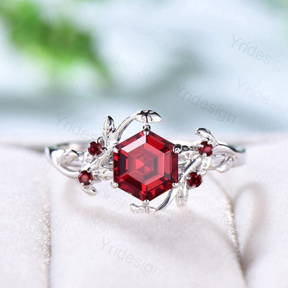 Leaves Ruby Engagement Ring Vintage Unique Natural Inspired lab ruby Ring 14K White Gold Leaf Branch Wedding Ring Women Twig Promise Ring - PENFINE