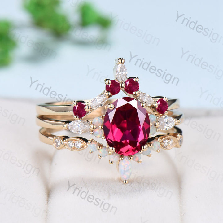 Vintage ruby engagement ring set Unique July birthstone gold wedding set Art deco opal ruby matching stacking ring bridal set rings women - PENFINE