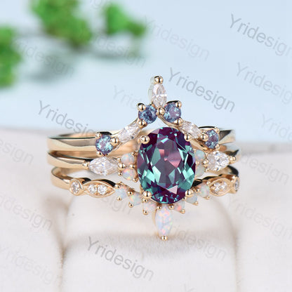 3Pcs Vintage alexandrite engagement ring set Solid 14k Yellow gold color changing wedding set Art deco opal alexandrite stacking ring gift - PENFINE