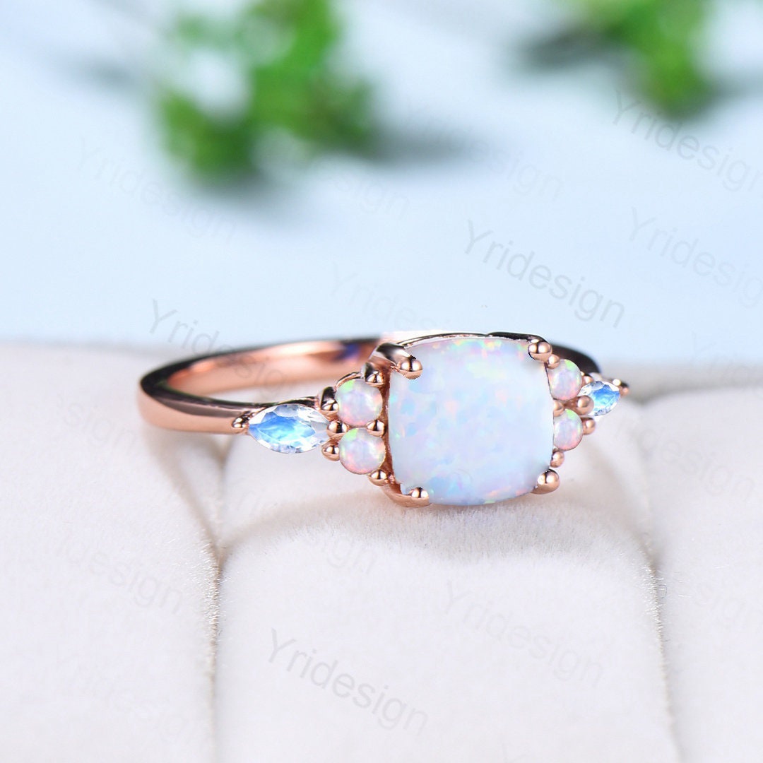 Vintage Cushion Opal Engagement Ring Antique Cluster Marquise Moonstone Opal Wedding Ring Unique Art Deco October Birthstone Promise Ring - PENFINE