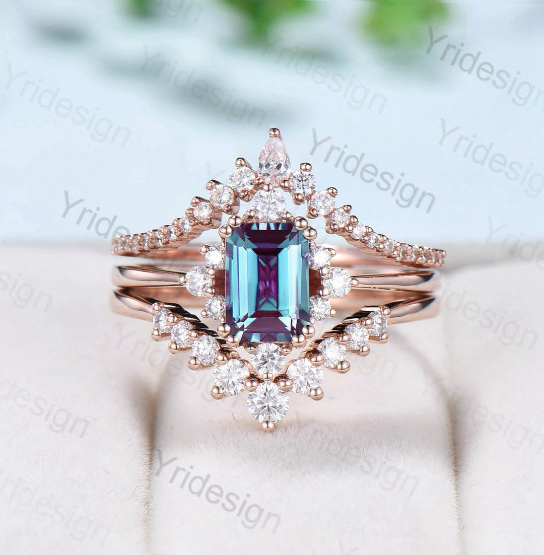 Vintage Emerald Cut Alexandrite Engagement Ring Set 14K Rose Gold Unique Alexandrite Moissanite Wedding Set Gift For Women June Birthstone - PENFINE