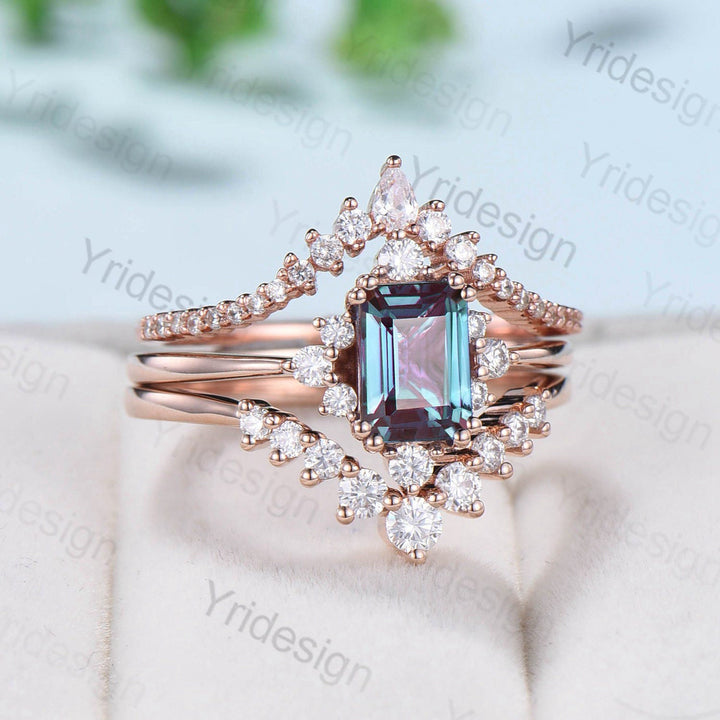 Vintage Emerald Cut Alexandrite Engagement Ring Set 14K Rose Gold Unique Alexandrite Moissanite Wedding Set Gift For Women June Birthstone - PENFINE