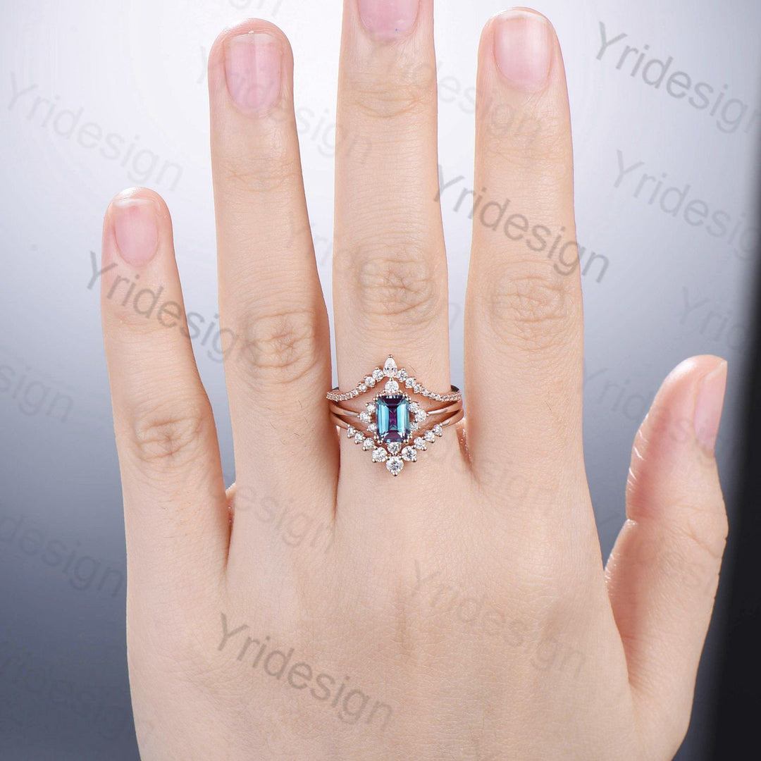 Vintage Emerald Cut Alexandrite Engagement Ring Set 14K Rose Gold Unique Alexandrite Moissanite Wedding Set Gift For Women June Birthstone - PENFINE