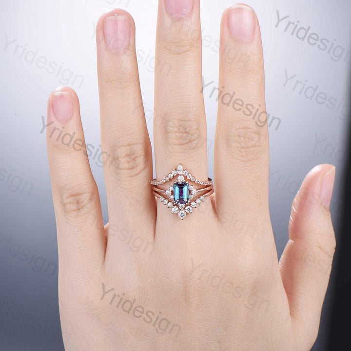 Vintage Emerald Cut Alexandrite Engagement Ring Set 14K Rose Gold Unique Alexandrite Moissanite Wedding Set Gift For Women June Birthstone - PENFINE