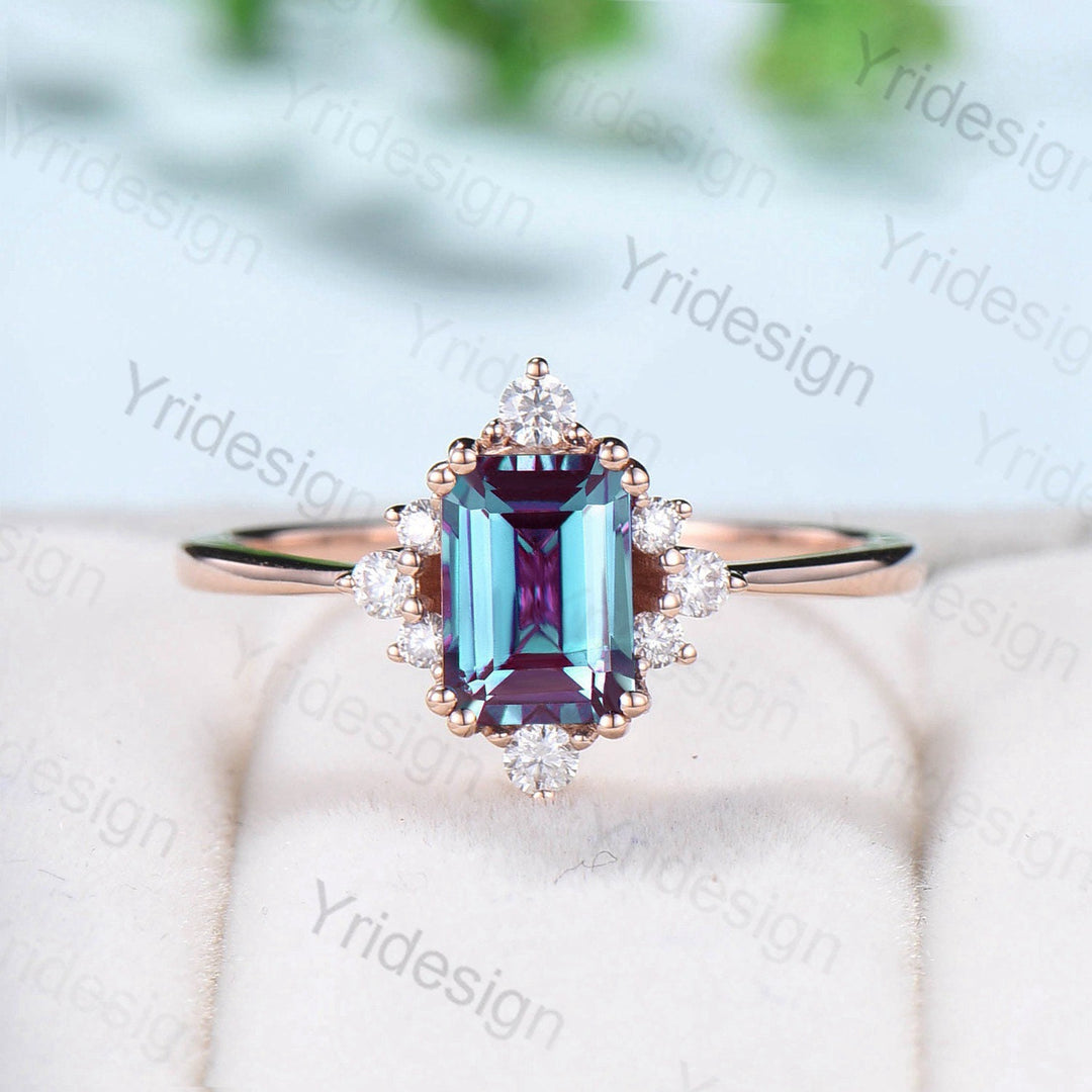 Vintage Emerald Cut Alexandrite Engagement Ring Set 14K Rose Gold Unique Alexandrite Moissanite Wedding Set Gift For Women June Birthstone - PENFINE