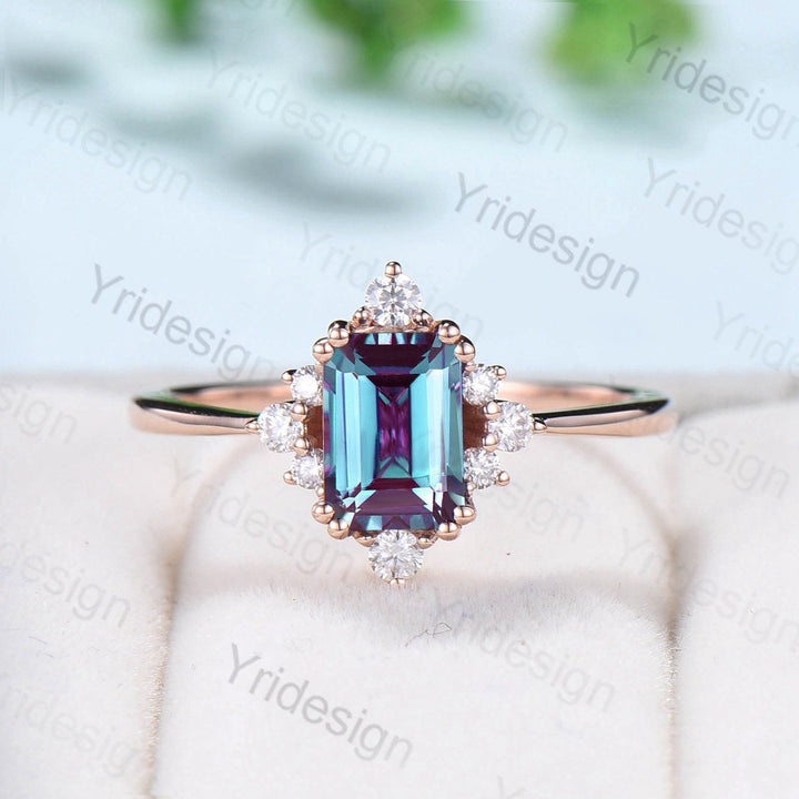 Vintage Emerald Cut Alexandrite Engagement Ring Set 14K Rose Gold Unique Alexandrite Moissanite Wedding Set Gift For Women June Birthstone - PENFINE