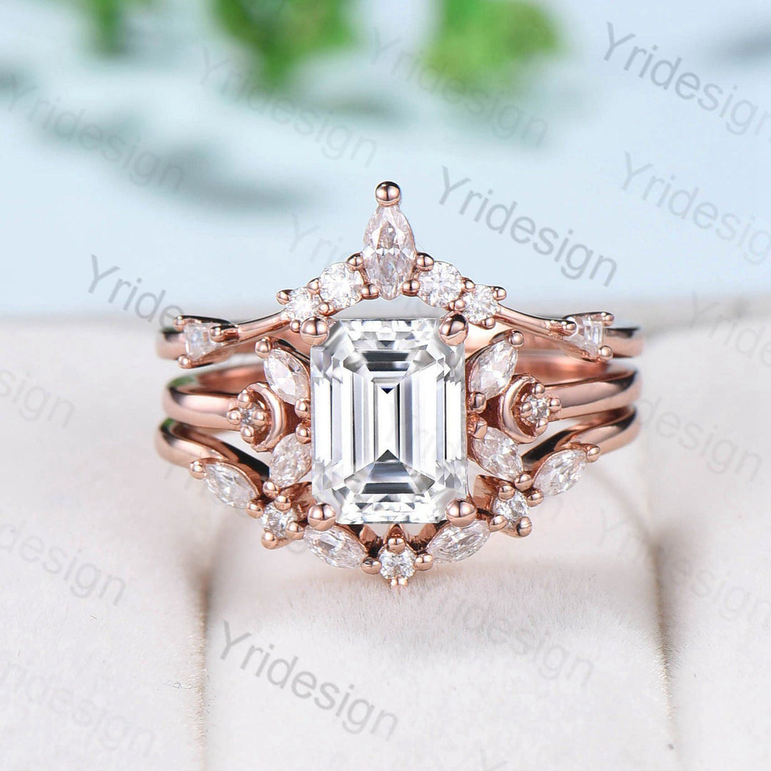 Vintage Emerald Cut Moissanite Engagement Ring Set 14K Rose Gold Unique Moissanite Diamond Wedding Ring For Women Art Deco Bridal Ring Set - PENFINE