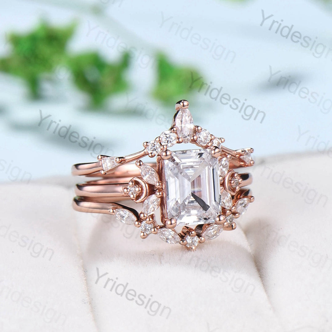 Vintage Emerald Cut Moissanite Engagement Ring Set 14K Rose Gold Unique Moissanite Diamond Wedding Ring For Women Art Deco Bridal Ring Set - PENFINE