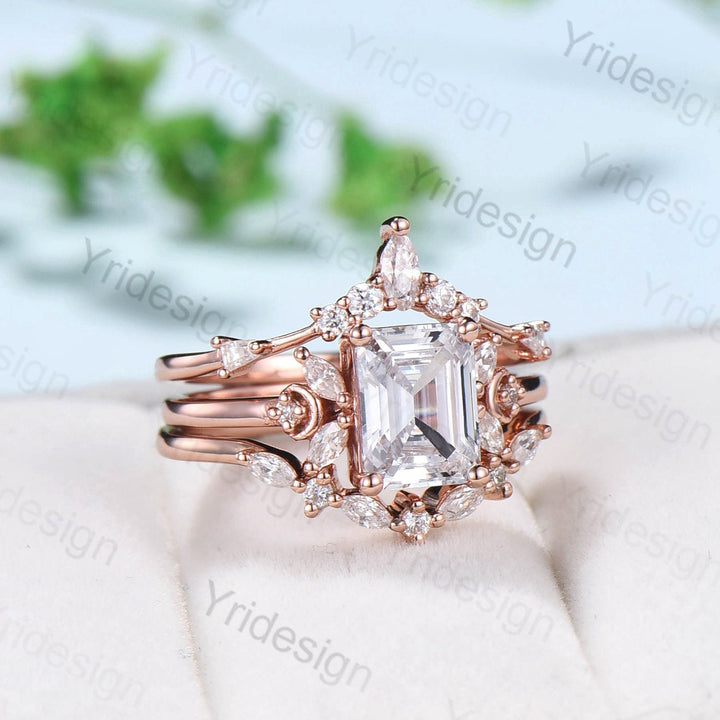 Vintage Emerald Cut Moissanite Engagement Ring Set 14K Rose Gold Unique Moissanite Diamond Wedding Ring For Women Art Deco Bridal Ring Set - PENFINE
