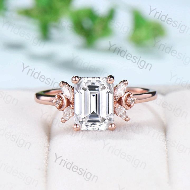 Vintage Emerald Cut Moissanite Engagement Ring Set 14K Rose Gold Unique Moissanite Diamond Wedding Ring For Women Art Deco Bridal Ring Set - PENFINE