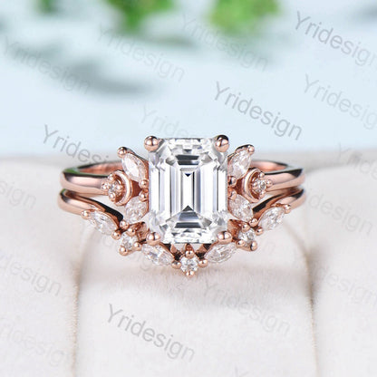 Vintage Emerald Cut Moissanite Engagement Ring Set 14K Rose Gold Unique Moissanite Diamond Wedding Ring For Women Art Deco Bridal Ring Set - PENFINE