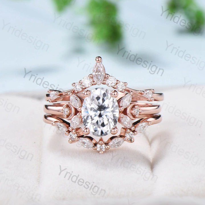 Vintage 1.5CT Oval Cut Moissanite Engagement Ring Set 14K Rose Gold Unique Moissanite Diamond Wedding Ring Women Art Deco Bridal Ring Set - PENFINE