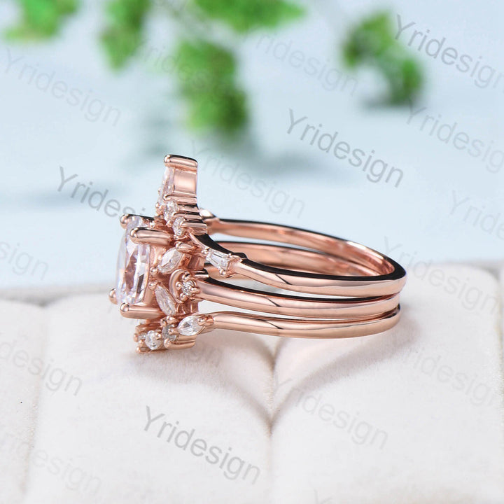 Vintage 1.5CT Oval Cut Moissanite Engagement Ring Set 14K Rose Gold Unique Moissanite Diamond Wedding Ring Women Art Deco Bridal Ring Set - PENFINE