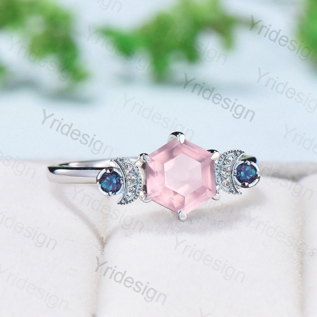 Unique hexagon rose quartz engagement ring Magic celestial moon alexandrite wedding ring vintage crescent anniversary ring gift for women - PENFINE