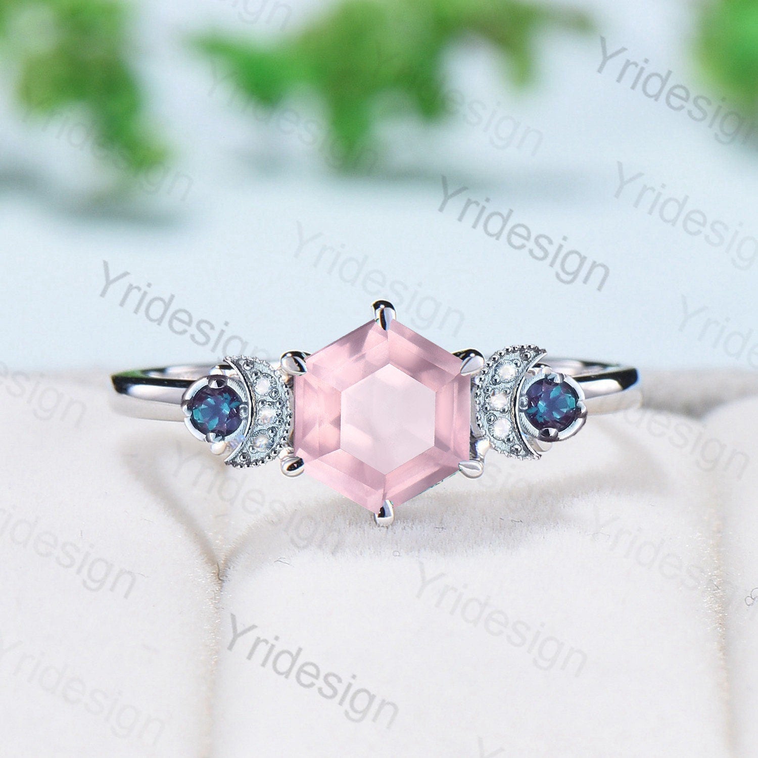 Unique hexagon rose quartz engagement ring Magic celestial moon alexandrite  wedding ring vintage crescent anniversary ring gift for women