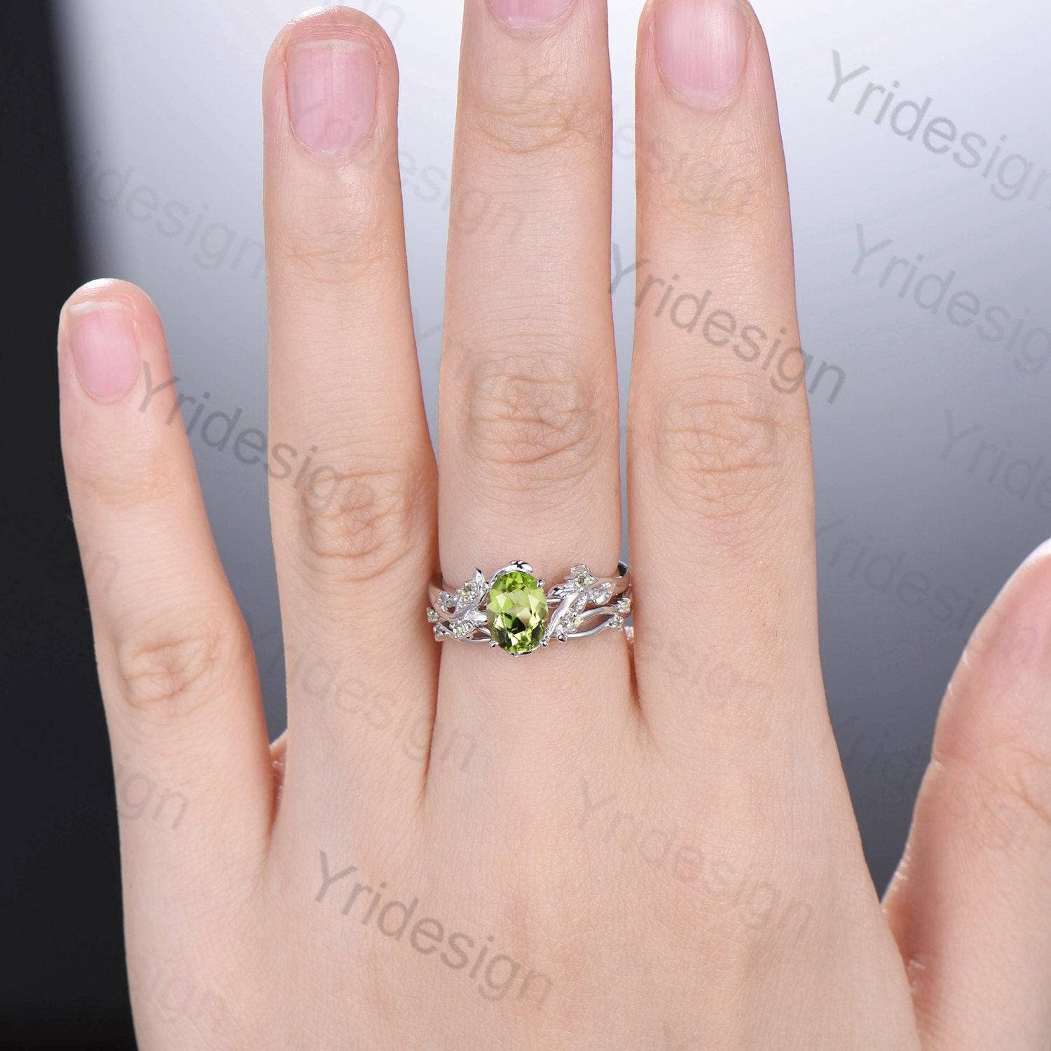 Lab Grown Peridot Engagement Ring 2024 Set, 14k Gold Art Deco Peridot Wedding Ring Set,Round Cut Peridot Bridal Promise Ring Set,Anniversary Gift