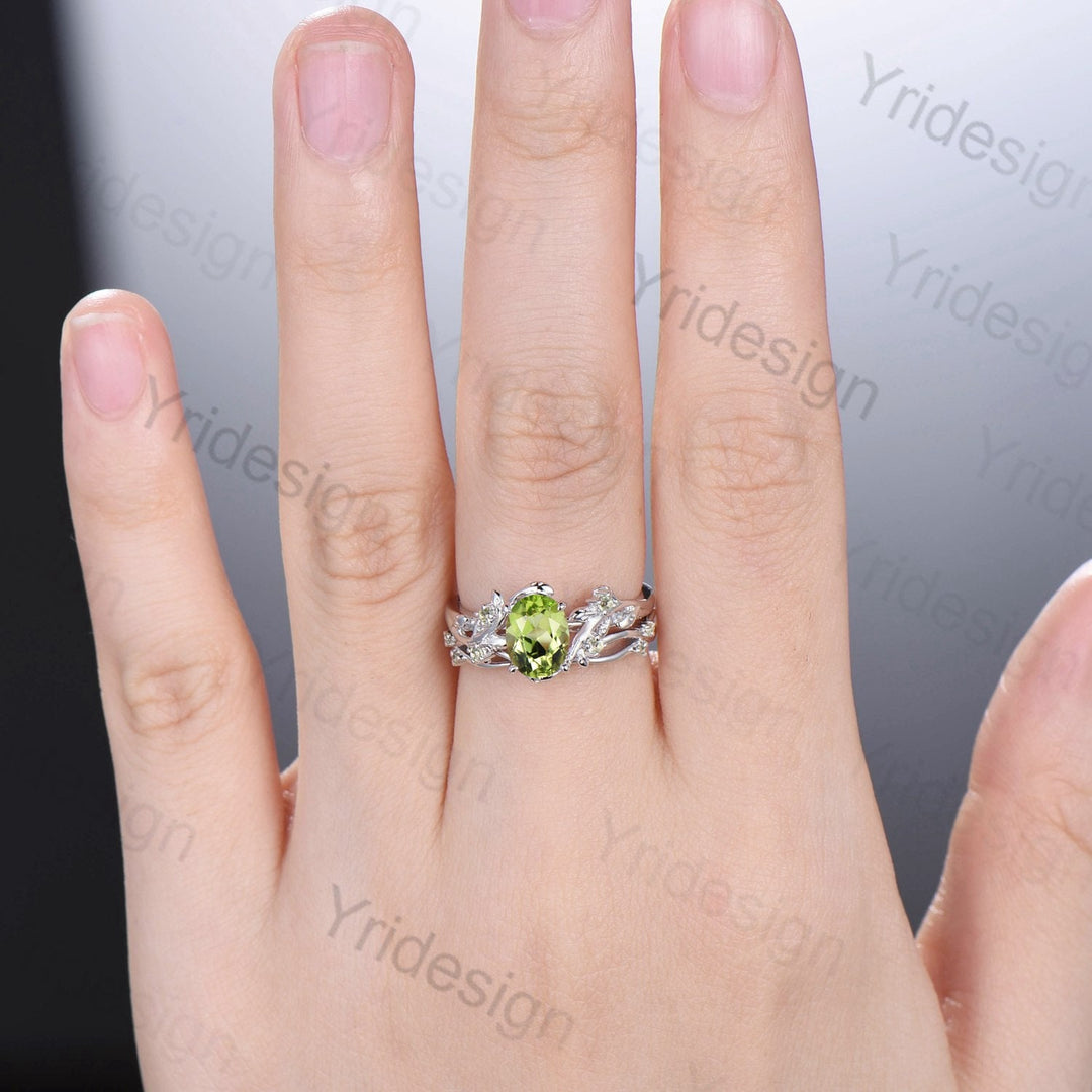 Vintage peridot wedding ring set Leaf twig engagement ring set Art deco Natural Inspired white gold bridal set for women Branch promise ring - PENFINE