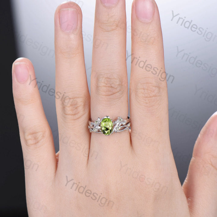 Vintage peridot wedding ring set Leaf twig engagement ring set Art deco Natural Inspired white gold bridal set for women Branch promise ring - PENFINE