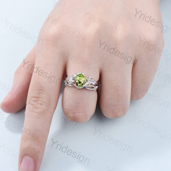 Vintage peridot wedding ring set Leaf twig engagement ring set Art deco Natural Inspired white gold bridal set for women Branch promise ring - PENFINE