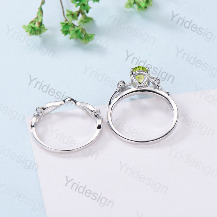 Vintage peridot wedding ring set Leaf twig engagement ring set Art deco Natural Inspired white gold bridal set for women Branch promise ring - PENFINE