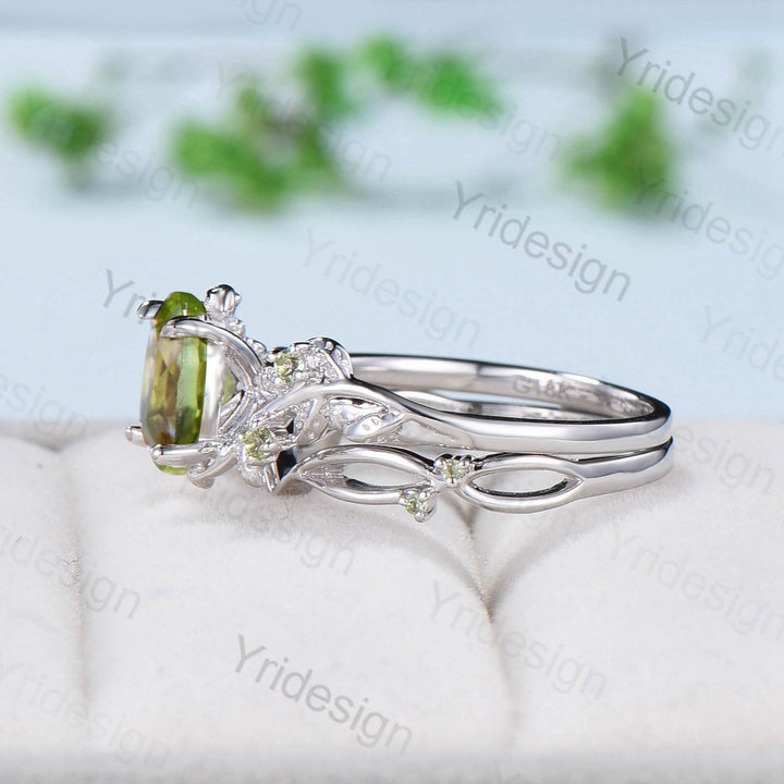 Vintage peridot wedding ring set Leaf twig engagement ring set Art deco Natural Inspired white gold bridal set for women Branch promise ring - PENFINE